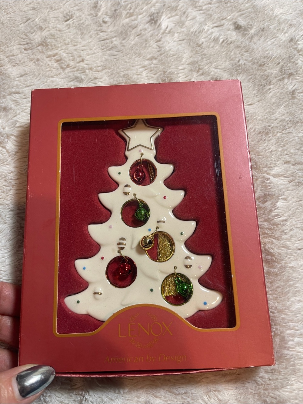 Lenox White Ceramic Tree Ornament with Red, Green & Gold Accents